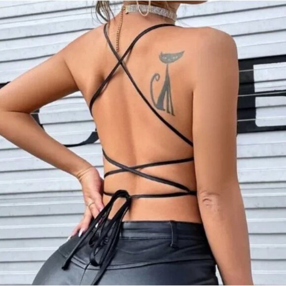 S/M‎ Sexy Black Sequin Butterfly Bustier V-Neck Sling Rave Club Crop Top - Picture 5 of 5